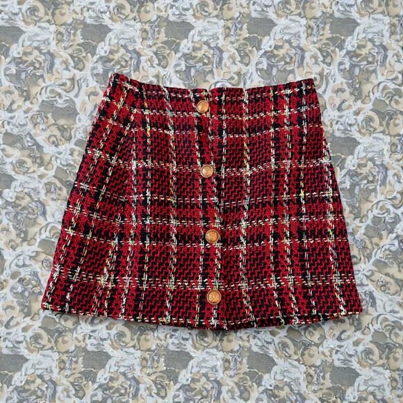 Goodnight Macaroon Dresses & Skirts - GOODNIGHT MACAROON Red Black Gold Boucle Skirt Size XS